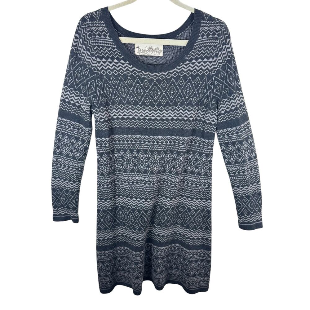 Aventura Gray Patterned Long Sleeve Scoop Neck Knee‎ Length Sweater Dress Cozy L